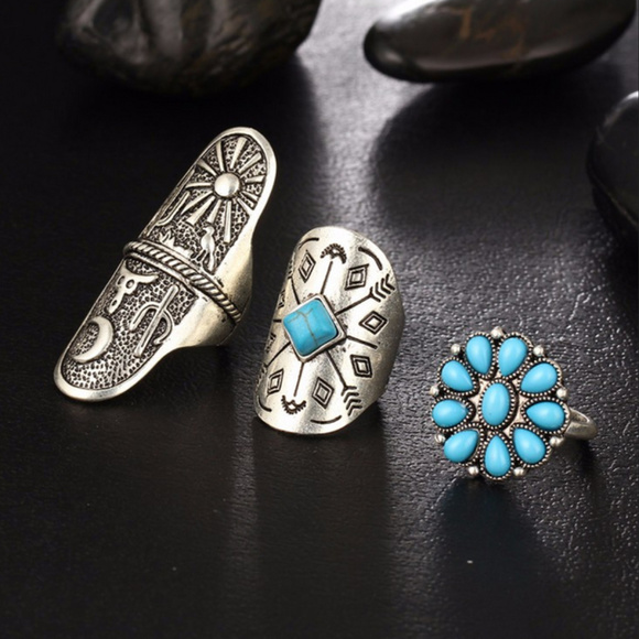 🍒 BOHO Silver Turquoise  Rings 🌵 Set of 9 - Picture 4 of 8